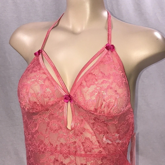 Escante Size Medium Lace Coral Lingerie Strap Dress & Matching Thong. New - Picture 2 of 4